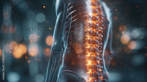 A medical professional is shown standing, with a highlighted area indicating a painful back, conveying discomfort potentially caused by various conditions such as muscle strain or spinal issues.