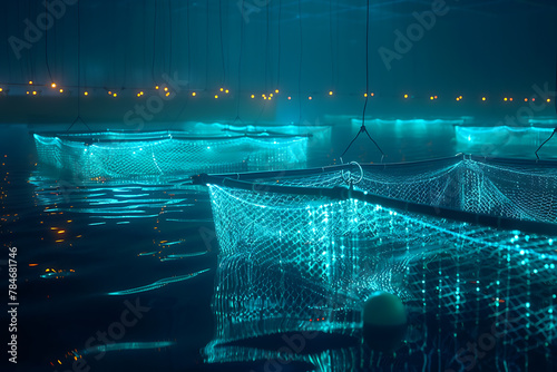 Intricate wireframe-based visualization of a glowing translucent background depicting a fishing farm, blending innovative technology with aquaculture themes to create a stunning and captivating digita photo