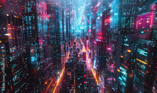 Transform a futuristic sci-fi cityscape into a vibrant digital artwork with CG 3D rendering Implement a halftone effect to add depth and dimension  creating a visually striking and immersive experienc