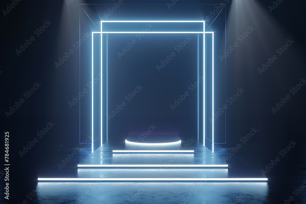 Modern wireframe-based visualization of a glowing translucent background with a 3D podium, perfect for showcasing products or creating innovative designs in advertising and digital art projects Modern wireframe-based visualization of a glowing translucent background with a 3D podium, perfect for showcasing products or creating innovative designs in advertising and digital art projects