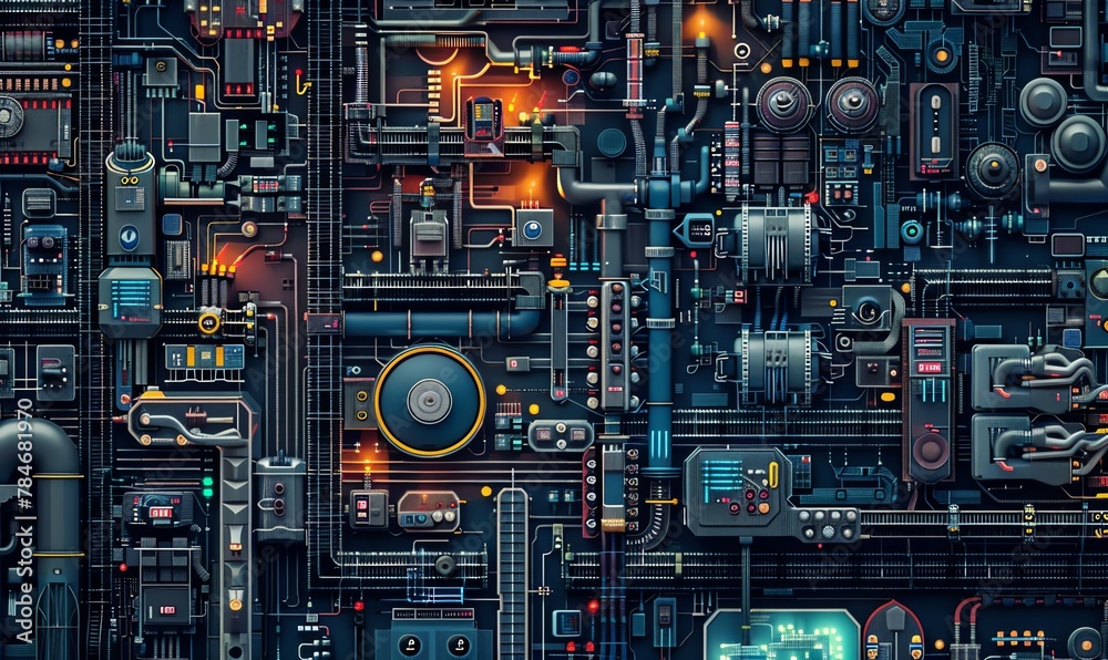 Transform the concept of Industrial Automation into a mesmerizing pixel art scene, blending intricate machinery with a retro aesthetic Enhance the aerial view with a creative use of colors and pattern Transform the concept of Industrial Automation into a mesmerizing pixel art scene, blending intricate machinery with a retro aesthetic Enhance the aerial view with a creative use of colors and pattern