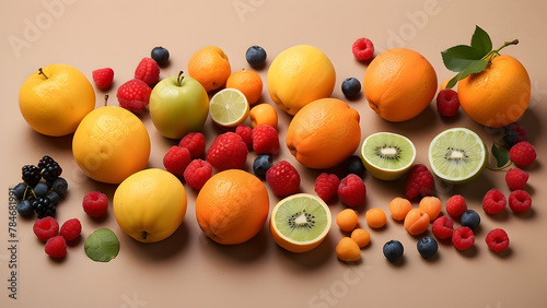 A delicious arrangement of citrus fruits mixed with berries and stone fruits set against a warm peach-colored backdrop