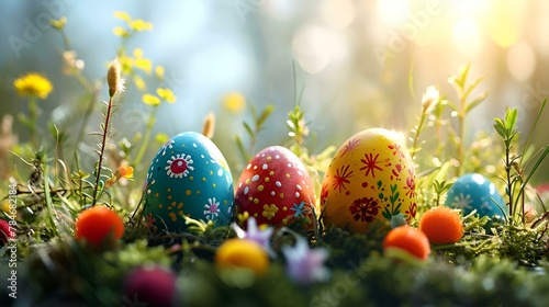Colorful easter eggs in a flowerfield and sun rays.
 photo