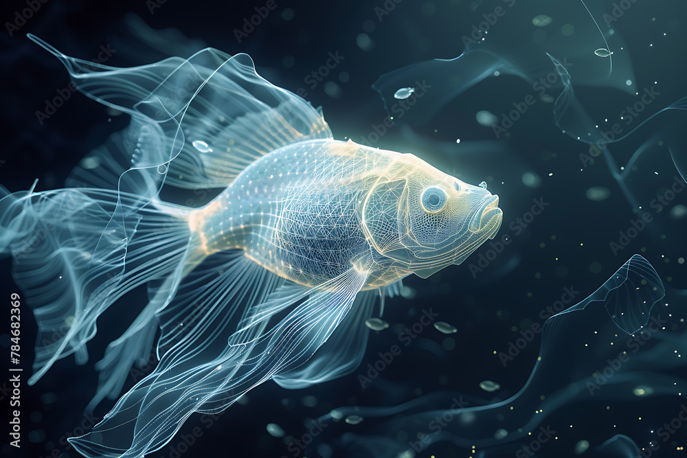 Intricate wireframe-based visualization of a fish set against a glowing translucent background, blending digital art with marine life themes to create a mesmerizing, futuristic depiction of the underw Intricate wireframe-based visualization of a fish set against a glowing translucent background, blending digital art with marine life themes to create a mesmerizing, futuristic depiction of the underw