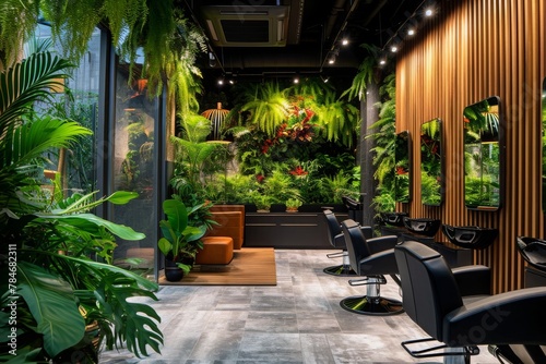 A hair salon filled with lush green plants and numerous chairs for clients, A tranquil ambiance of a luxury hair spa, with lush plants and calming music, AI Generated photo