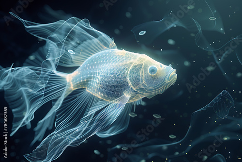 Intricate wireframe-based visualization of a fish set against a glowing translucent background, blending digital art with marine life themes to create a mesmerizing, futuristic depiction of the underw © River Girl