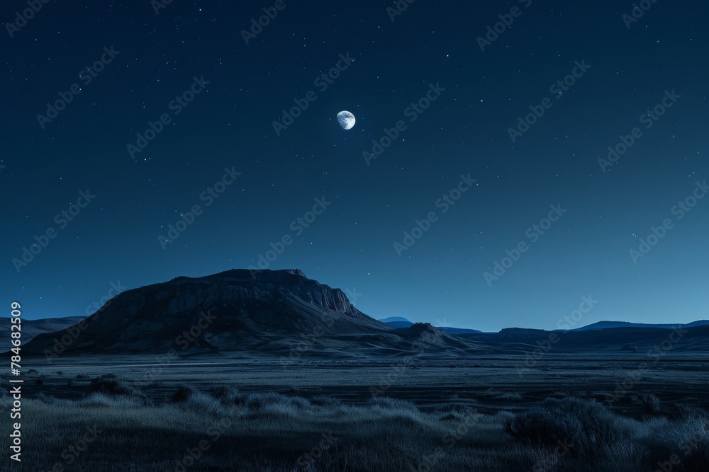 A photo showcasing a scenic nighttime view of a mountain range illuminated by the moon, A tranquil moonlit sky with a distant solitary mountain, AI Generated