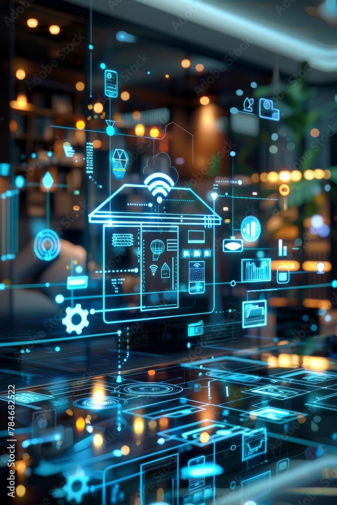 Fototapeta premium A holographic visualization of an entire smart home, with various devices connected to the network and glowing digital symbols representing different living spaces within it 