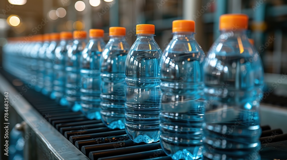 Bottles of water on conveyor belt in factory, closeup