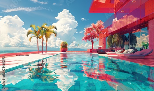 Transform the poolside setting into a dazzling pixel art creation, using bold colors and intricate details Provide a unique digital perspective in a wide-angle view