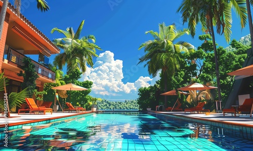 Transform the poolside setting into a dazzling pixel art creation, using bold colors and intricate details Provide a unique digital perspective in a wide-angle view