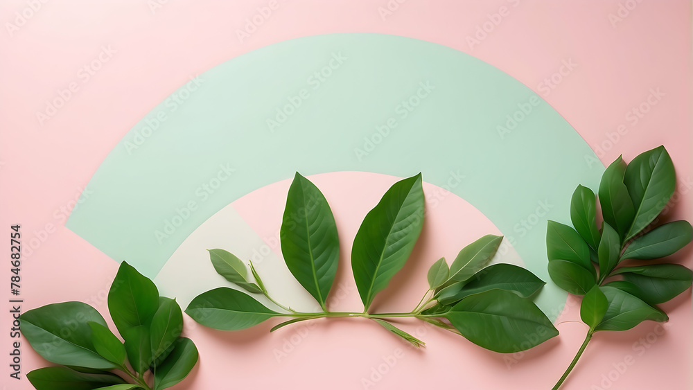 Contemporary art-style image of vibrant green leaves arranged in a circular pastel frame Contemporary art-style image of vibrant green leaves arranged in a circular pastel frame