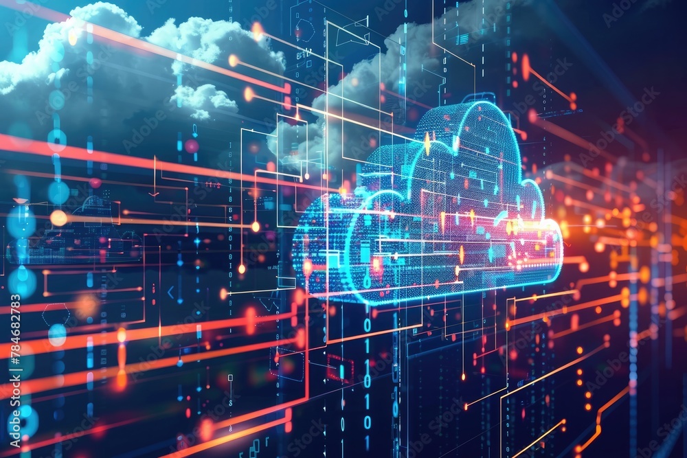 Fototapeta premium The illustration includes elements of social media, AI, online servers, and binary code, against a modern futuristic backdrop.