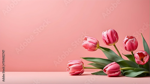 A beautifully arranged bouquet of vibrant pink tulips gently leaning on a solid pink background with soft lighting