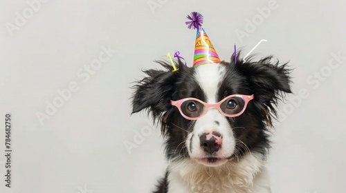 Against a backdrop of cheerful confetti, a happy dog proudly wears a birthday hat adorned with colorful polka dots and trendy pink glasses. © Aqsa