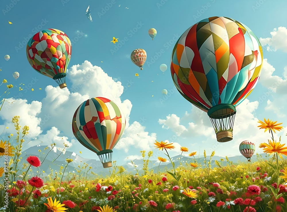 Naklejka premium Colorful Hot Air Balloons Flying Against Blue Sky with Bright Sunlight 