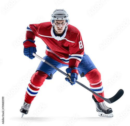 Professional ice hockey player in red jersey, full body visible