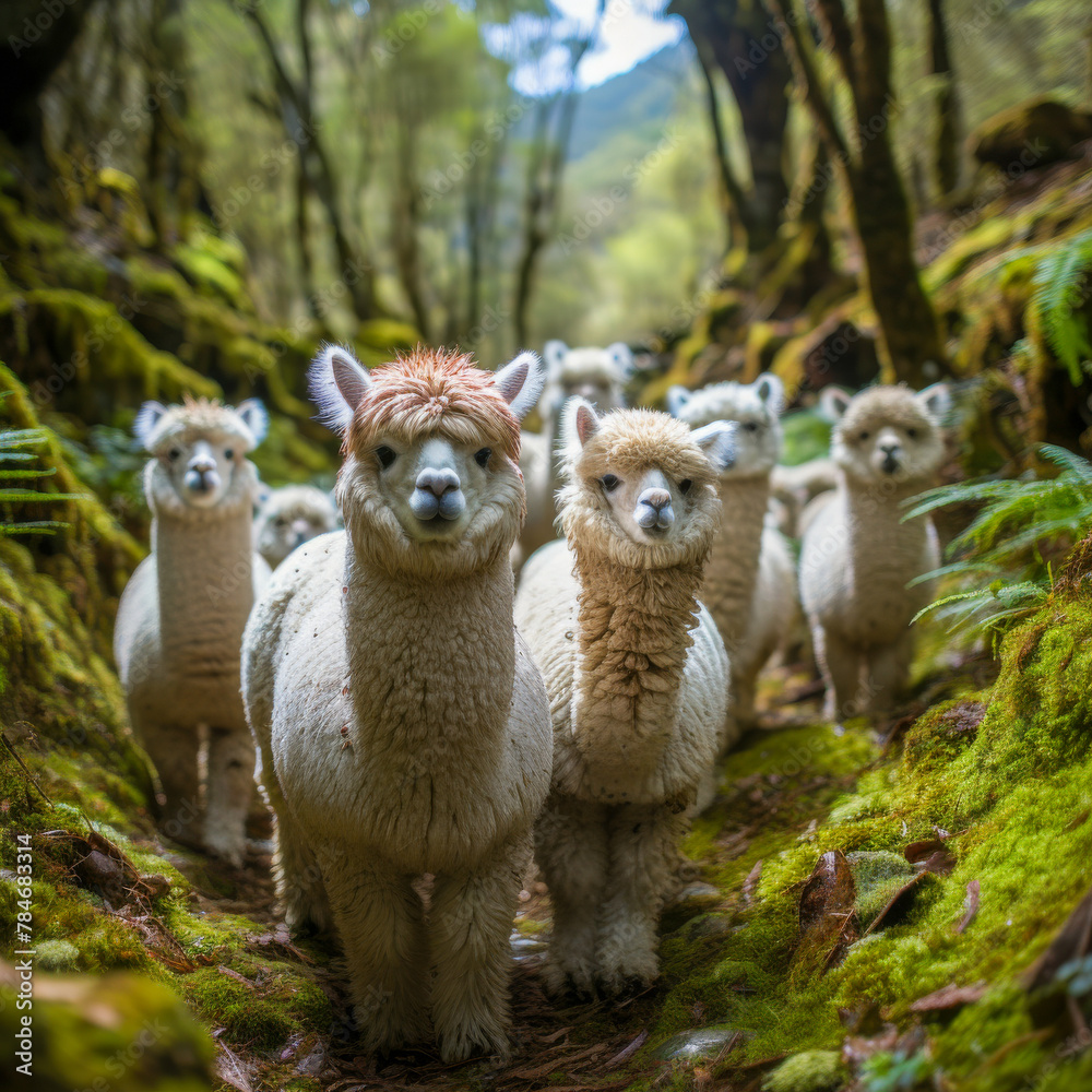 Fototapeta premium Curious Alpaca in Andean Countryside: Fluffy Wildlife Amidst Rural Beauty - Nature's Grace, Farming Charm
