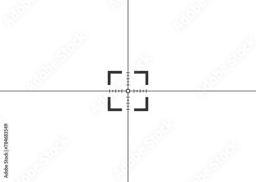 A sniper scope overlay: a box and marked crosshair lines, set against a transparent background. Concepts: targeting, menace, focusing, precision, clarity.
