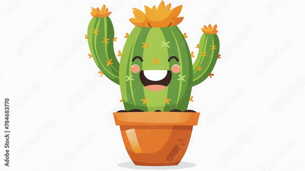 A charming cactus with a smiley face, nestled snugly in a terracotta flowerpot. The cactus is adorned with vibrant green spines and delicate pink flowers blooming atop its prickly body.