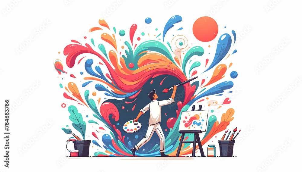 Dance of Brushes: Abstract Artist Splashes Vibrant Paint on Large Canvas in Candid Daily Environment - Simple Flat Vector Illustration