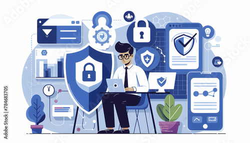 Flat vector illustration depicting a cybersecurity specialist developing a robust defense plan against digital threats in a candid daily work environment. Isolated on white background.