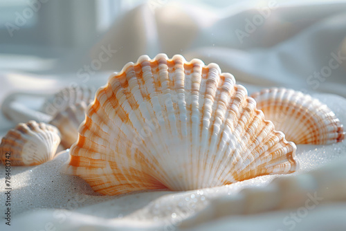 Sunlit Scallop Shell on Sandy Shore: A Serene Beach Scene