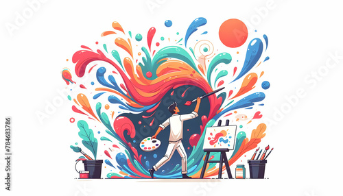 Dance of Brushes  Abstract Artist Splashes Vibrant Paint on Large Canvas in Candid Daily Environment - Simple Flat Vector Illustration