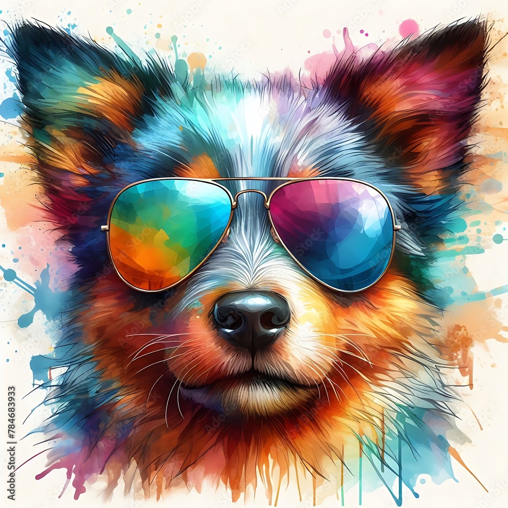 Cartoon Dog Australian Shepherd: Abstract Watercolor Painting with Colorful Details and Sunglasses, Perfect for T-shirt Prints or High-Quality Wall Art.