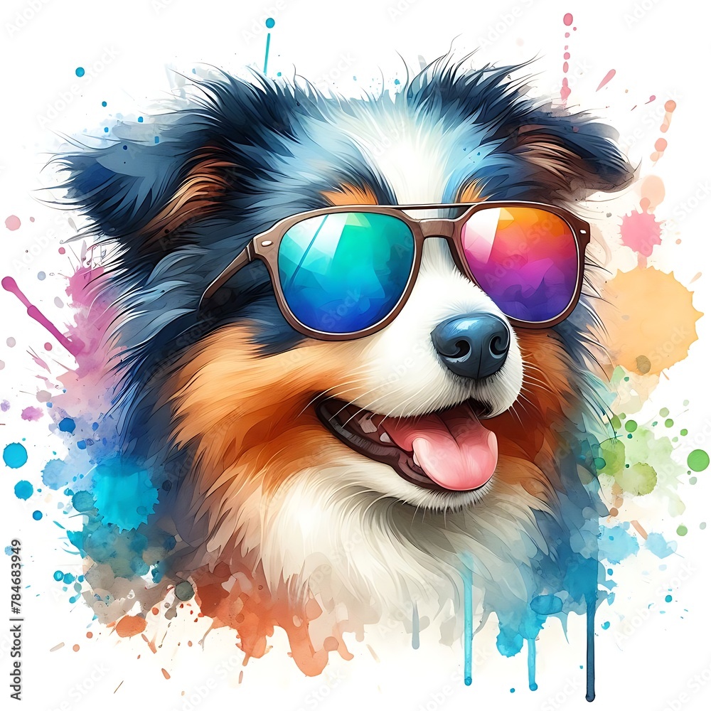 Cartoon Dog Australian Shepherd: Abstract Watercolor Painting with Colorful Details and Sunglasses, Perfect for T-shirt Prints or High-Quality Wall Art.
