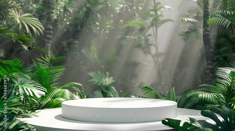 Tropical Elegance: Transparent Podium for Product Showcase in Lush Forest Setting