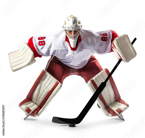 Ice hockey goalie in full protective gear on isolated background