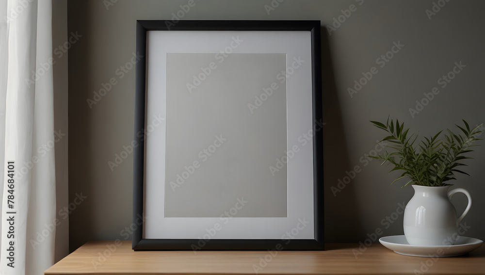 Mockup of poster, photo frame on wooden table with white wall background Mockup of poster, photo frame on wooden table with white wall background