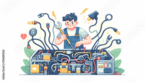 Mechanic Working on Car's Electrical System with Expertise in Flat Vector Illustration photo