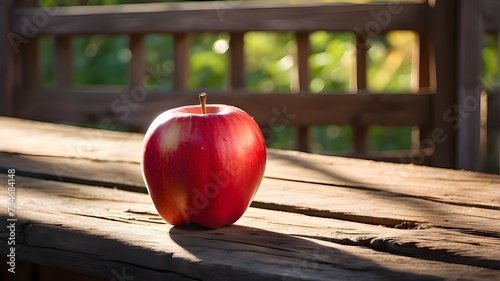 an apple is on a wooden table with a blurred background.