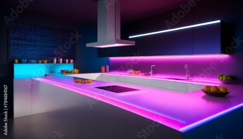 An-ultramodern-kitchen-space-with-holographic-countertops-displaying-interactive-recipes--illuminated-by-neon-LED-under-cabinet-lighti