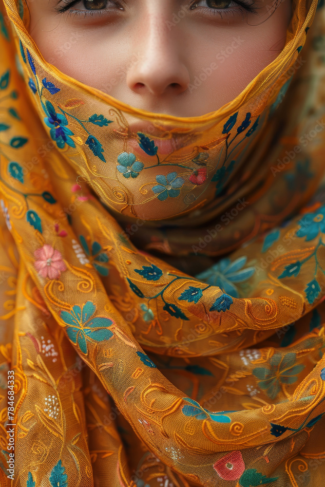 Mysterious Eyes Peering Through Traditional Floral Veil Mysterious Eyes Peering Through Traditional Floral Veil