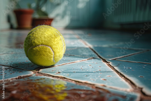 Close-Up View of a Tennis Ball on a Wet Tile Floor