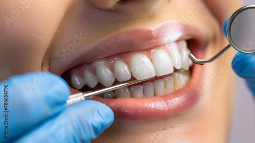 Dentist examining a woman s teeth after a whitening treatment. The woman is smiling and holding a mirror. The dentist is using tools to clean and check her teeth.