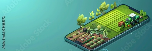 isometric photograph of a smartphone and agribusiness coming out of the screen -