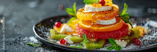 Fresh Citrus Fruit Salad with Kiwi, Mint and Berries on Dark Background