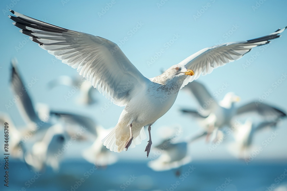 Naklejka premium Majestic Seagull Soaring over Coastal Waters with Flock in Background