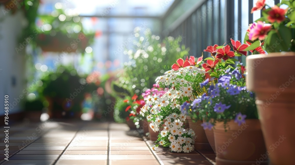 Sunny Balcony Garden with Blooming Flowers in Terracotta Pots