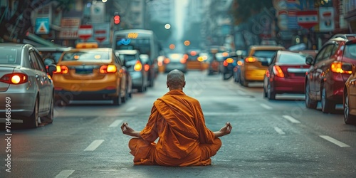 Buddhist monk witting in meditation in the middle of a busy city street filled with traffic photo