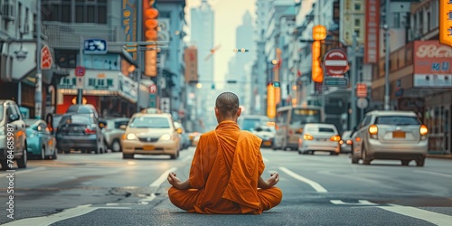 Buddhist monk witting in meditation in the middle of a busy city street filled with traffic