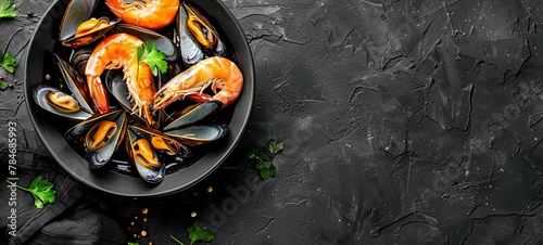 Boiled mussels and shrimp. View from above. place for text. On a black concrete background. generative ai