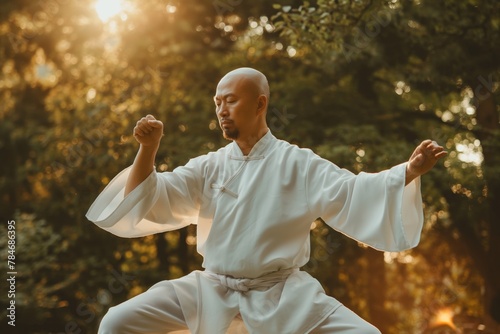 A middle-aged Chinese man practices Tai chi chuan in the park, dynamic qigong, self-development, gymnastics and martial arts photo