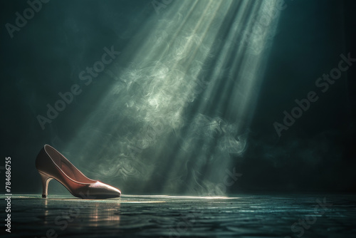 Enigmatic Single Shoe Spotlighted on Stage with Dramatic Light Rays