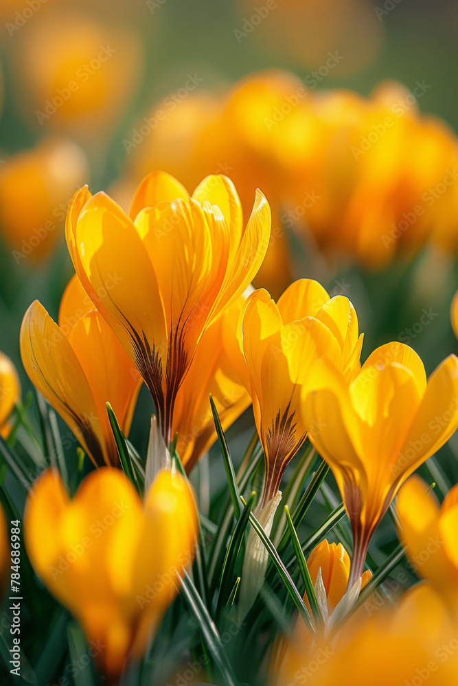 Obraz premium Vibrant Yellow Crocuses Blooming in Soft Spring Light
