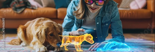 a woman and her dog play with an augmented reality hologram dog